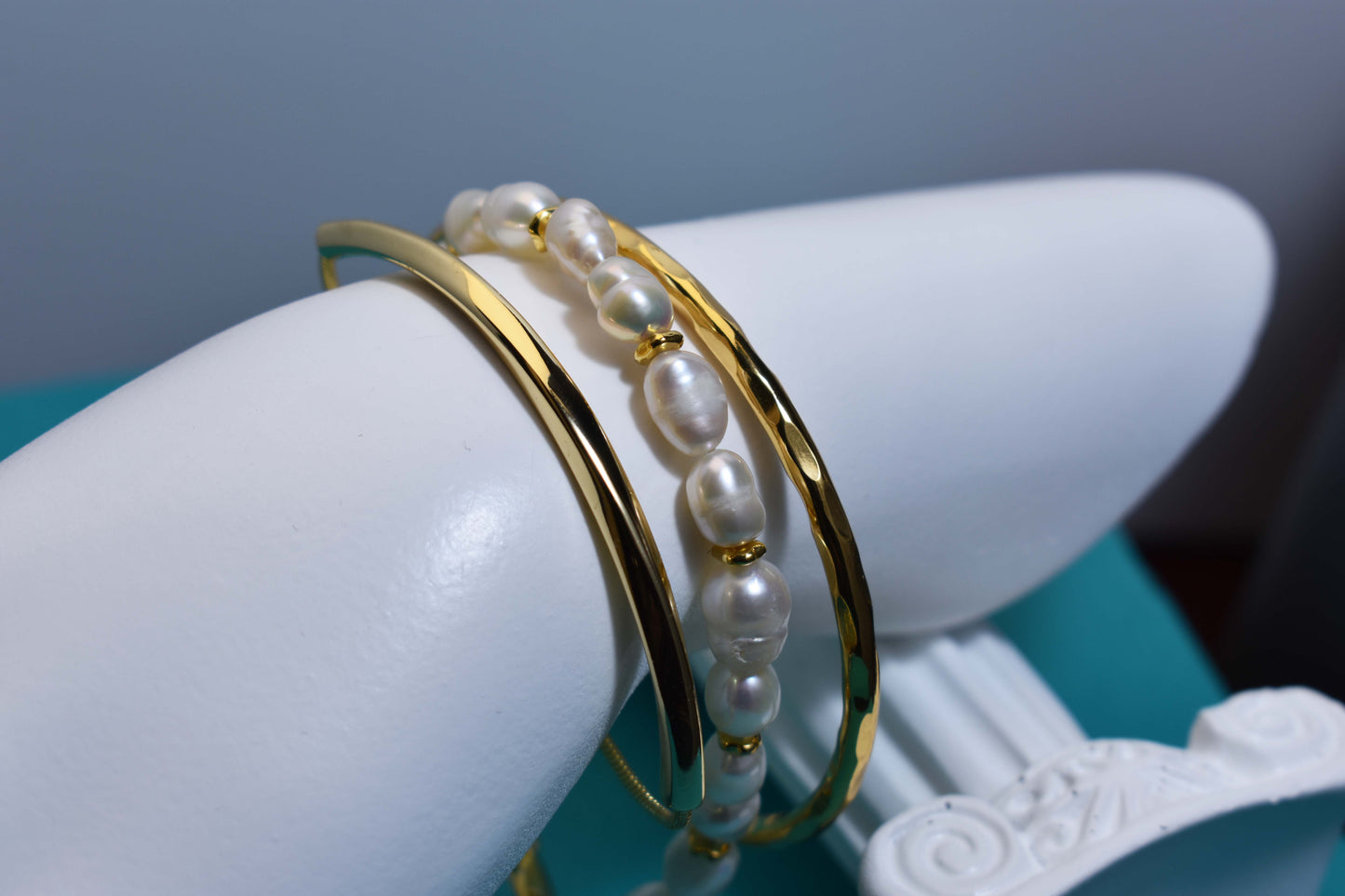 Natural pearl bracelet three piece set paired with  smile bracelet and gold open hammer bracelet