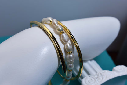 Natural pearl bracelet three piece set paired with  smile bracelet and gold open hammer bracelet