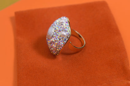 Luxurious and Shining Natural Baroque Pearl Ring with Three Dimensional Dense Embedding of Small Pearls and Colored Zirconia, Adjustable Ring at the Opening