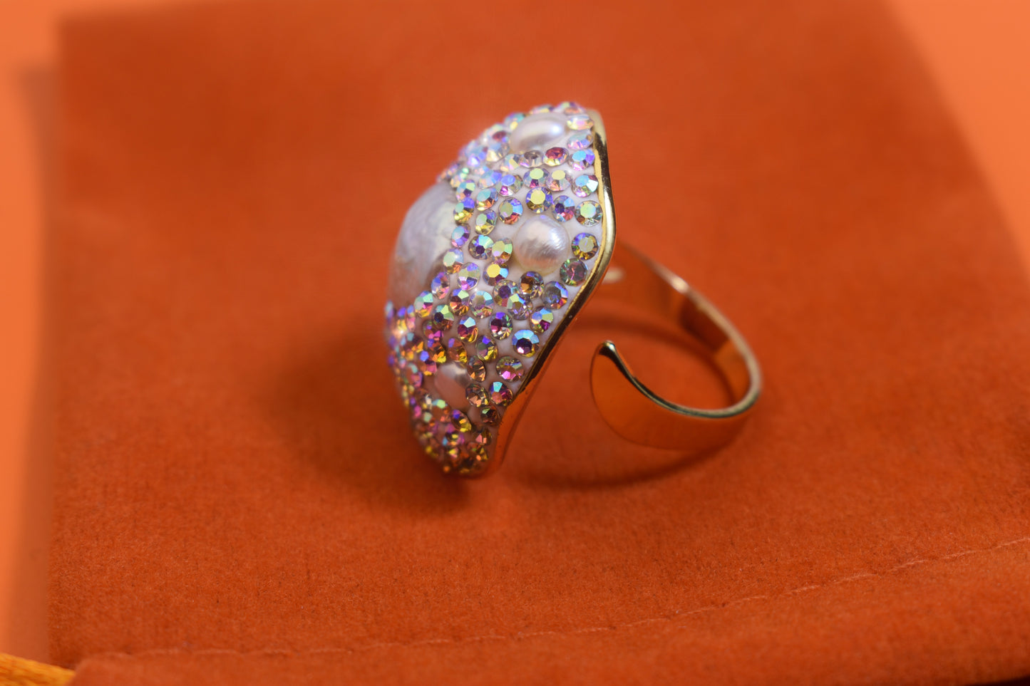Luxurious and Shining Natural Baroque Pearl Ring with Three Dimensional Dense Embedding of Small Pearls and Colored Zirconia, Adjustable Ring at the Opening