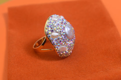 Luxurious and Shining Natural Baroque Pearl Ring with Three Dimensional Dense Embedding of Small Pearls and Colored Zirconia, Adjustable Ring at the Opening