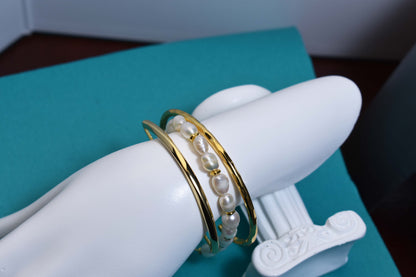 Natural pearl bracelet three piece set paired with  smile bracelet and gold open hammer bracelet