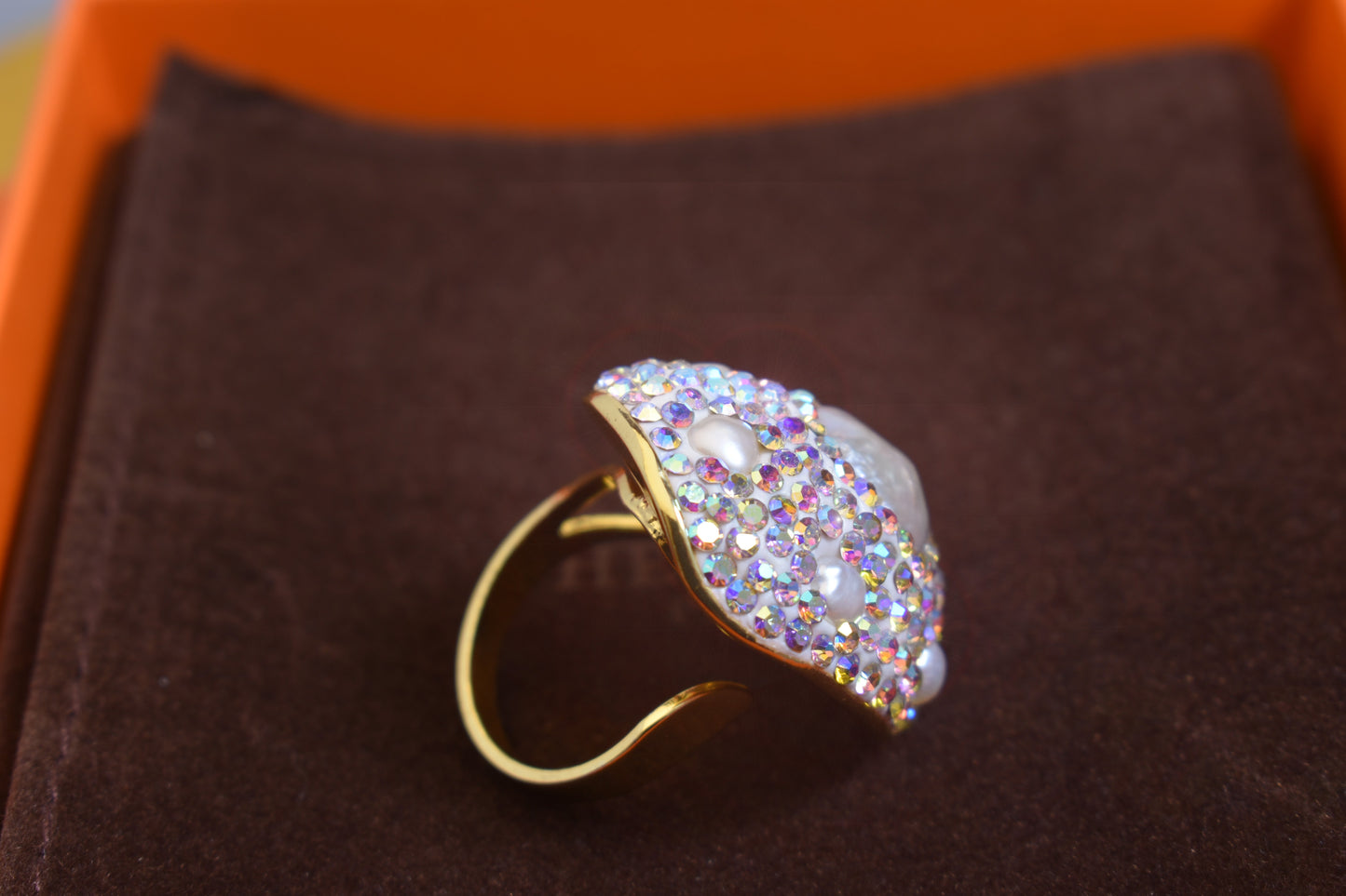 Luxurious and Shining Natural Baroque Pearl Ring with Three Dimensional Dense Embedding of Small Pearls and Colored Zirconia, Adjustable Ring at the Opening