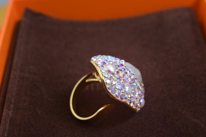 Luxurious and Shining Natural Baroque Pearl Ring with Three Dimensional Dense Embedding of Small Pearls and Colored Zirconia, Adjustable Ring at the Opening