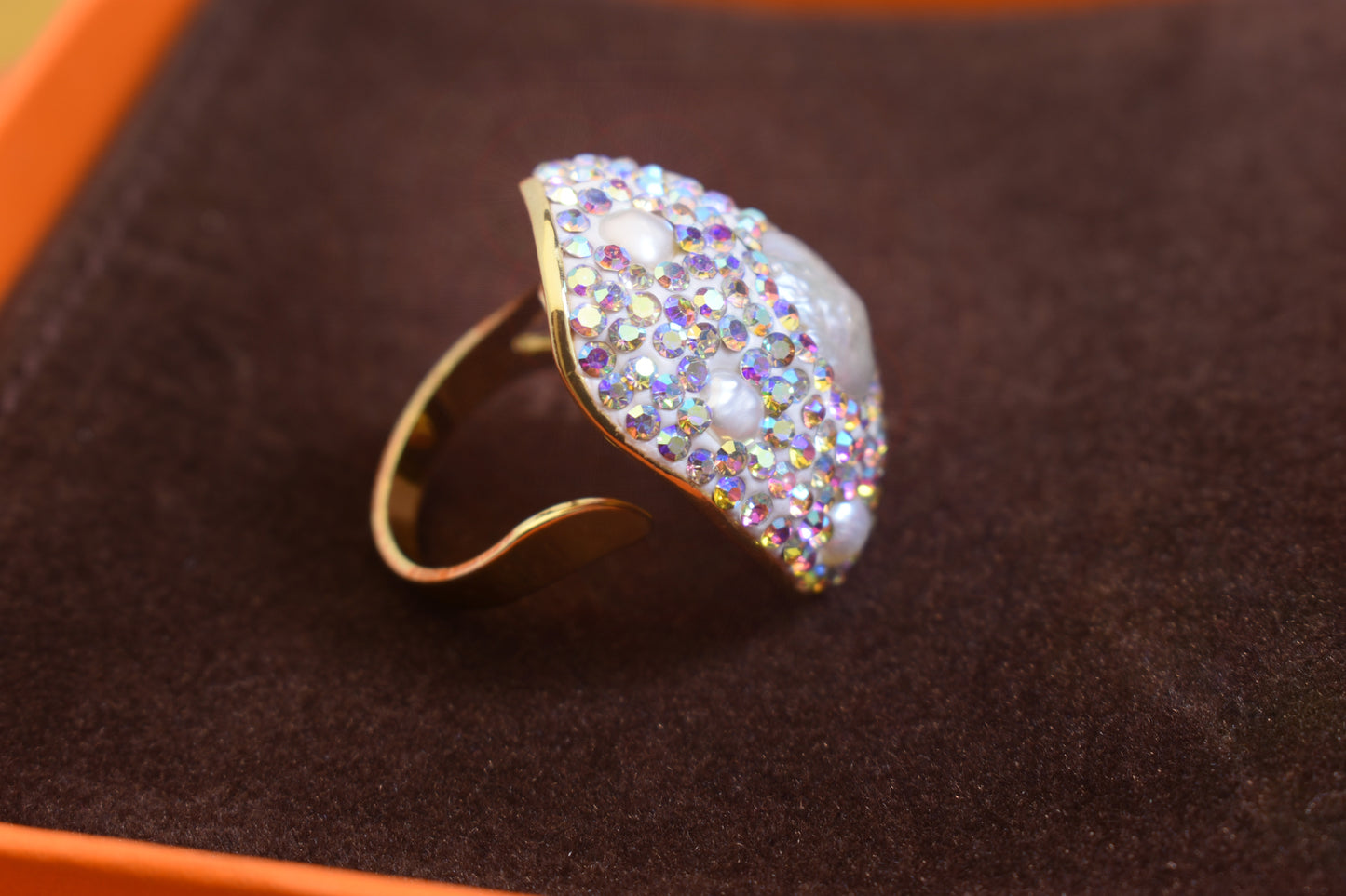 Luxurious and Shining Natural Baroque Pearl Ring with Three Dimensional Dense Embedding of Small Pearls and Colored Zirconia, Adjustable Ring at the Opening