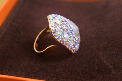 Luxurious and Shining Natural Baroque Pearl Ring with Three Dimensional Dense Embedding of Small Pearls and Colored Zirconia, Adjustable Ring at the Opening