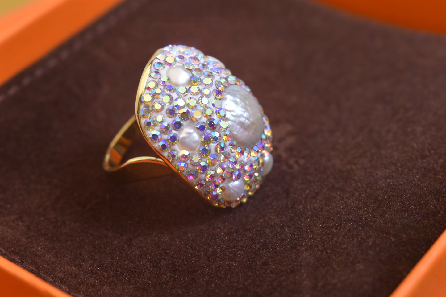 Luxurious and Shining Natural Baroque Pearl Ring with Three Dimensional Dense Embedding of Small Pearls and Colored Zirconia, Adjustable Ring at the Opening