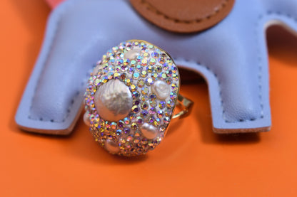 Luxurious and Shining Natural Baroque Pearl Ring with Three Dimensional Dense Embedding of Small Pearls and Colored Zirconia, Adjustable Ring at the Opening