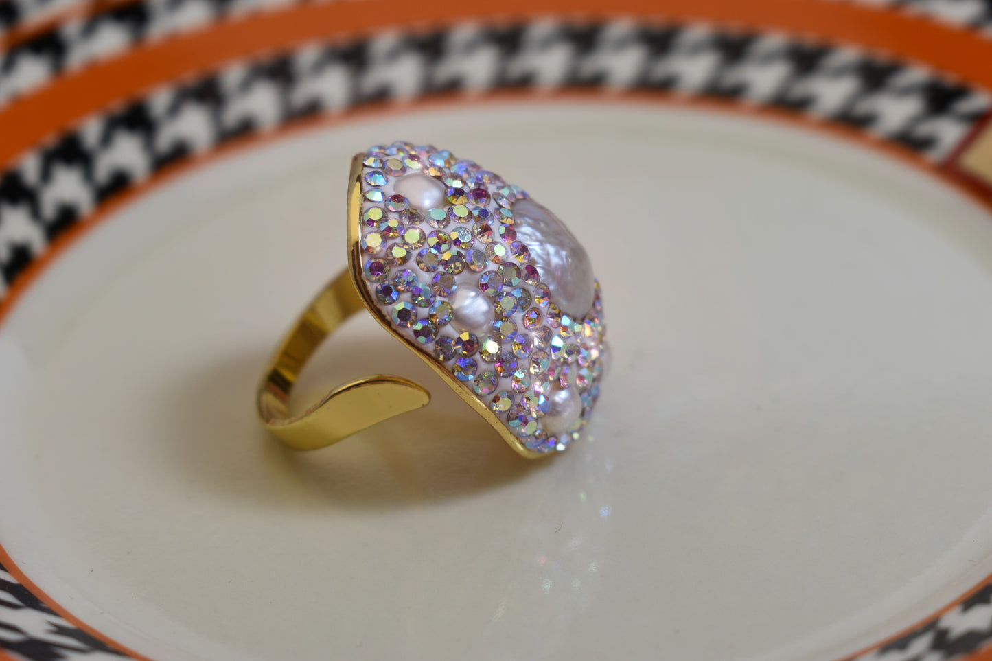 Luxurious and Shining Natural Baroque Pearl Ring with Three Dimensional Dense Embedding of Small Pearls and Colored Zirconia, Adjustable Ring at the Opening