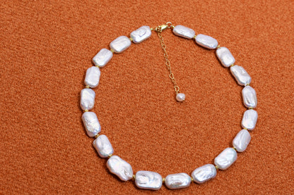Natural pearl necklace square piece Baroque pearl strap with extended chain length adjustable necklace