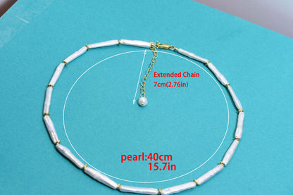 Natural pearl necklace with small silver bar shaped pearl strap and adjustable chain length