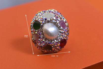 Luxurious shiny natural pearl ring with three-dimensional dense inlay of colored zircon gemstones, adjustable ring at the opening