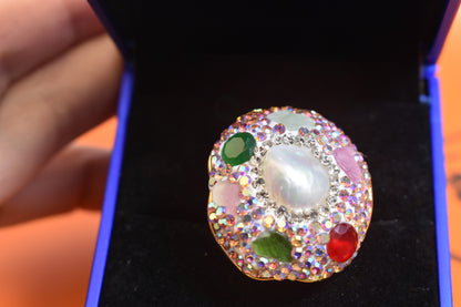 Luxurious shiny natural pearl ring with three-dimensional dense inlay of colored zircon gemstones, adjustable ring at the opening