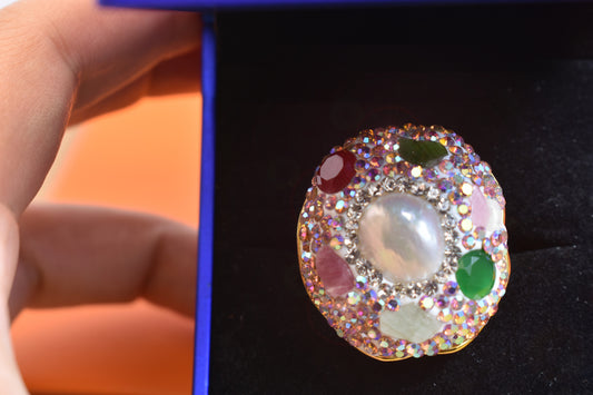 Luxurious shiny natural pearl ring with three-dimensional dense inlay of colored zircon gemstones, adjustable ring at the opening