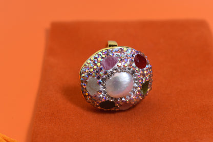 Luxurious shiny natural pearl ring with three-dimensional dense inlay of colored zircon gemstones, adjustable ring at the opening