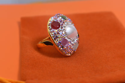 Luxurious shiny natural pearl ring with three-dimensional dense inlay of colored zircon gemstones, adjustable ring at the opening