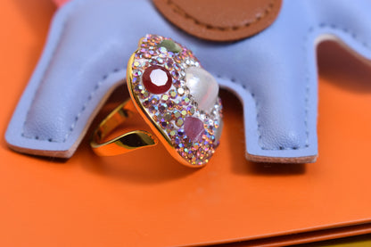 Luxurious shiny natural pearl ring with three-dimensional dense inlay of colored zircon gemstones, adjustable ring at the opening