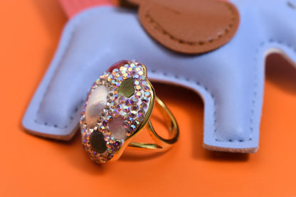 Luxurious shiny natural pearl ring with three-dimensional dense inlay of colored zircon gemstones, adjustable ring at the opening