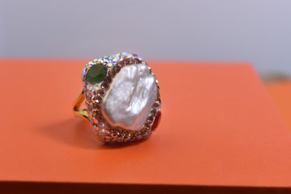 Luxurious shiny natural pearl ring with three-dimensional dense inlay of colored zircon gemstones, adjustable ring at the opening