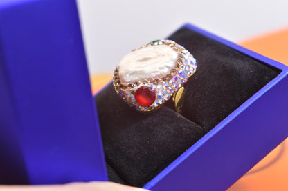 Luxurious shiny natural pearl ring with three-dimensional dense inlay of colored zircon gemstones, adjustable ring at the opening