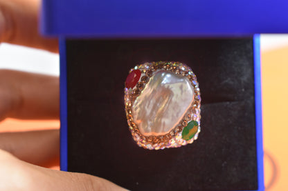 Luxurious shiny natural pearl ring with three-dimensional dense inlay of colored zircon gemstones, adjustable ring at the opening