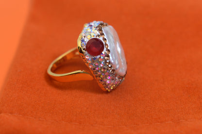 Luxurious shiny natural pearl ring with three-dimensional dense inlay of colored zircon gemstones, adjustable ring at the opening