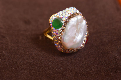 Luxurious shiny natural pearl ring with three-dimensional dense inlay of colored zircon gemstones, adjustable ring at the opening