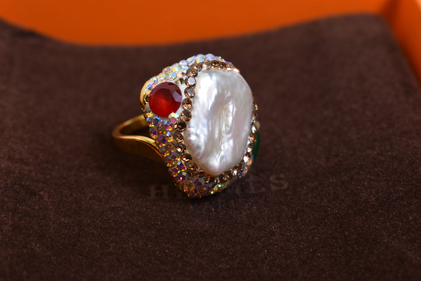 Luxurious shiny natural pearl ring with three-dimensional dense inlay of colored zircon gemstones, adjustable ring at the opening