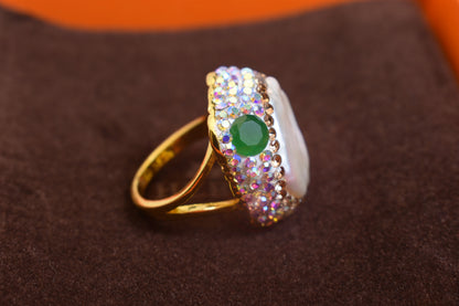 Luxurious shiny natural pearl ring with three-dimensional dense inlay of colored zircon gemstones, adjustable ring at the opening