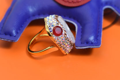 Luxurious shiny natural pearl ring with three-dimensional dense inlay of colored zircon gemstones, adjustable ring at the opening