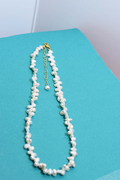 Natural pearl necklace with side perforations, small flat pearl strap, extended chain length adjustable necklace
