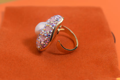 Luxurious Sparkling S Water Drop Shaped Natural Pearl Ring with Three Dimensional Dense Inlaid Pink Crystal Zircon Opening Adjustable Ring