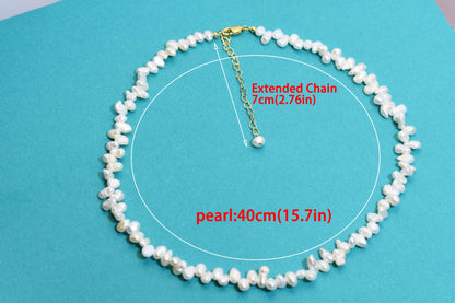 Natural pearl necklace with side perforations, small flat pearl strap, extended chain length adjustable necklace