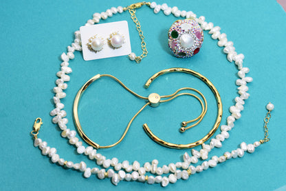 Natural pearl necklace with side perforations, small flat pearl strap, extended chain length adjustable necklace