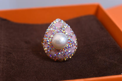 Luxurious Sparkling S Water Drop Shaped Natural Pearl Ring with Three Dimensional Dense Inlaid Pink Crystal Zircon Opening Adjustable Ring