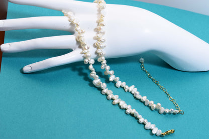 Natural pearl necklace with side perforations, small flat pearl strap, extended chain length adjustable necklace