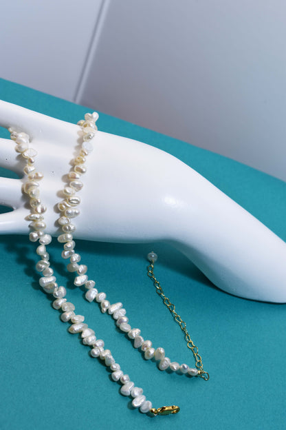 Natural pearl necklace with side perforations, small flat pearl strap, extended chain length adjustable necklace