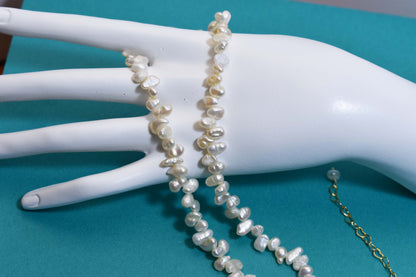 Natural pearl necklace with side perforations, small flat pearl strap, extended chain length adjustable necklace