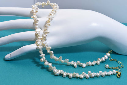 Natural pearl necklace with side perforations, small flat pearl strap, extended chain length adjustable necklace