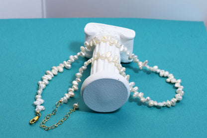 Natural pearl necklace with side perforations, small flat pearl strap, extended chain length adjustable necklace