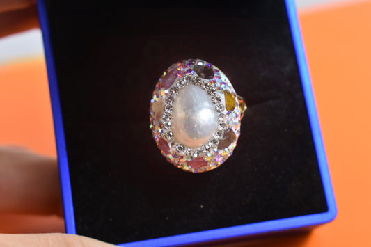 Luxurious shiny natural pearl ring with three-dimensional dense inlay of colored zircon tourmaline, adjustable ring at the opening