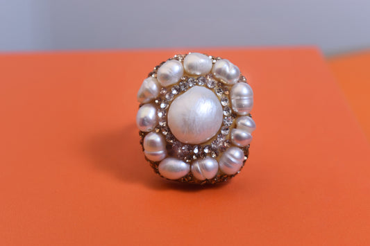 Luxurious and Shining Natural Baroque Pearl Ring with Three Dimensional Dense Inlay of Small Pearls and Zirconia, Adjustable Ring at the Opening