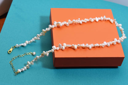 Natural pearl necklace with side perforations, small flat pearl strap, extended chain length adjustable necklace