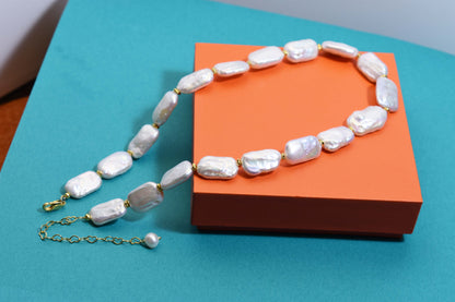 Natural pearl necklace square piece Baroque pearl strap with extended chain length adjustable necklace