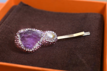 Baroque pearl three-dimensional inlaid with purple crystal and zircon gold hair clip