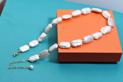 Natural pearl necklace square piece Baroque pearl strap with extended chain length adjustable necklace