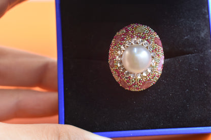 Luxurious shiny natural pearl ring with three-dimensional dense inlaid colorful beads, adjustable ring at the opening