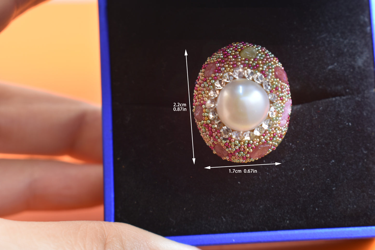 Luxurious shiny natural pearl ring with three-dimensional dense inlaid colorful beads, adjustable ring at the opening