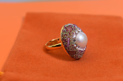 Luxurious shiny natural pearl ring with three-dimensional dense inlaid colorful beads, adjustable ring at the opening
