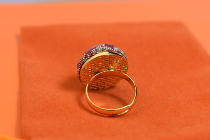 Luxurious shiny natural pearl ring with three-dimensional dense inlaid colorful beads, adjustable ring at the opening